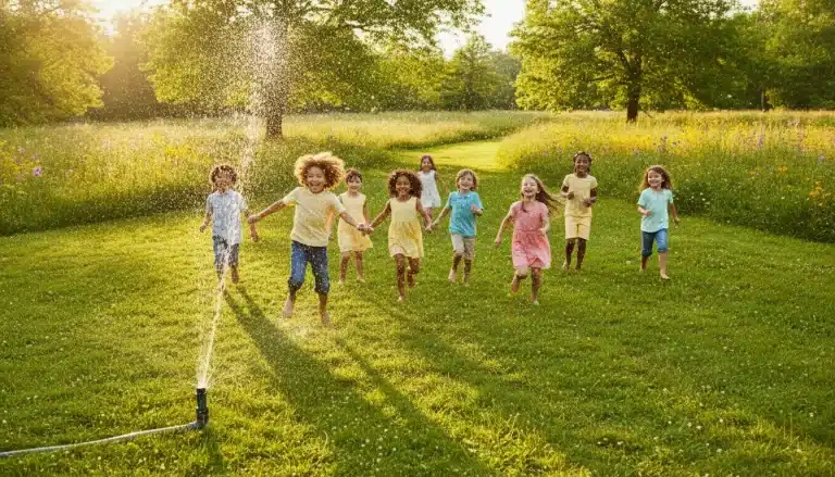 Children running through sprinkler on sunny day in grassy field with wildflowers