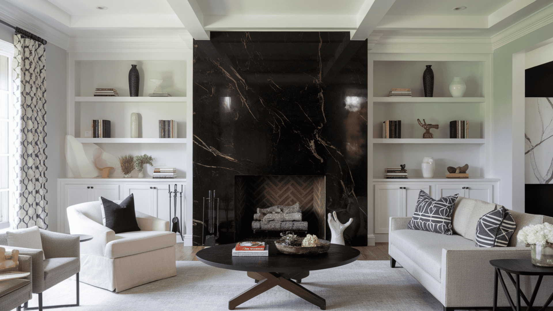 Modern luxury living room featuring a polished black granite fireplace surround flanked by white built-in bookshelves.