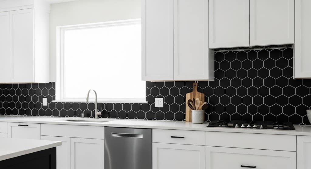 A bold modern kitchen featuring matte black geometric hexagon backsplash tiles contrasting against crisp white cabinets.