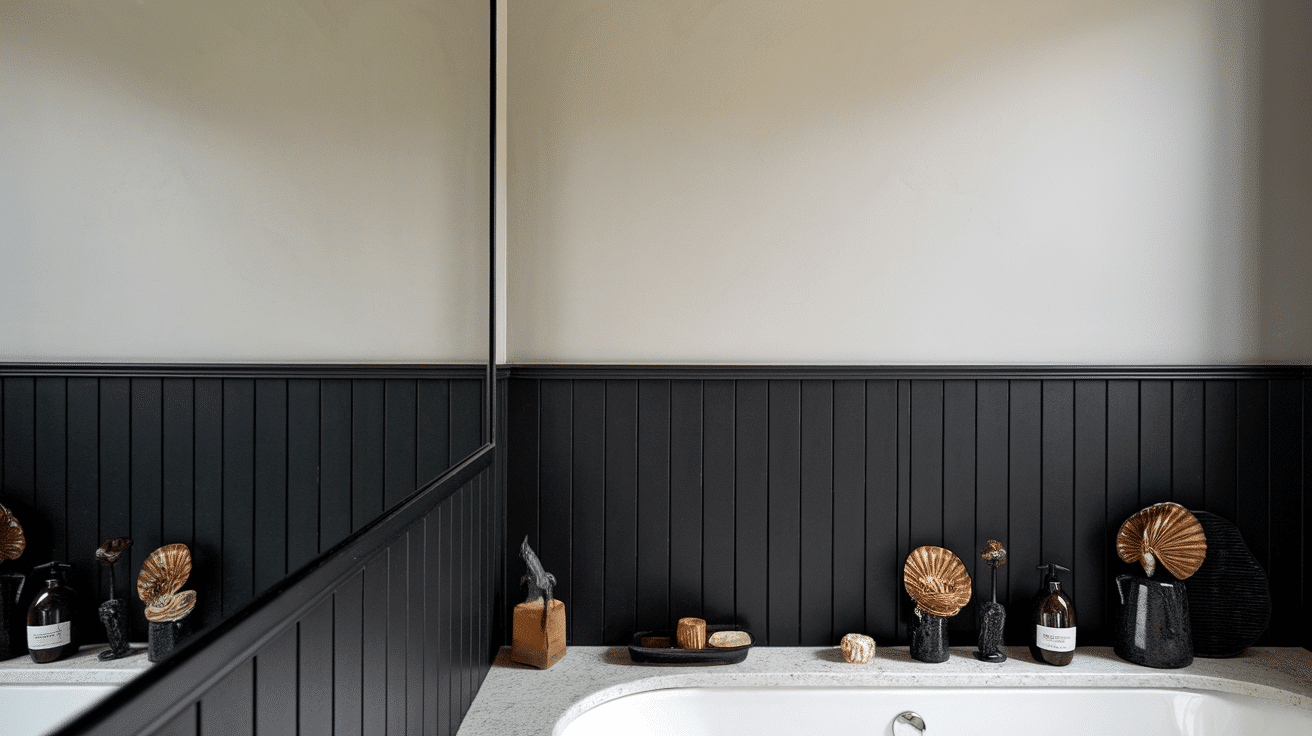 A moody bathroom featuring matte black beadboard wainscoting on the lower half of the walls below light cream upper walls.