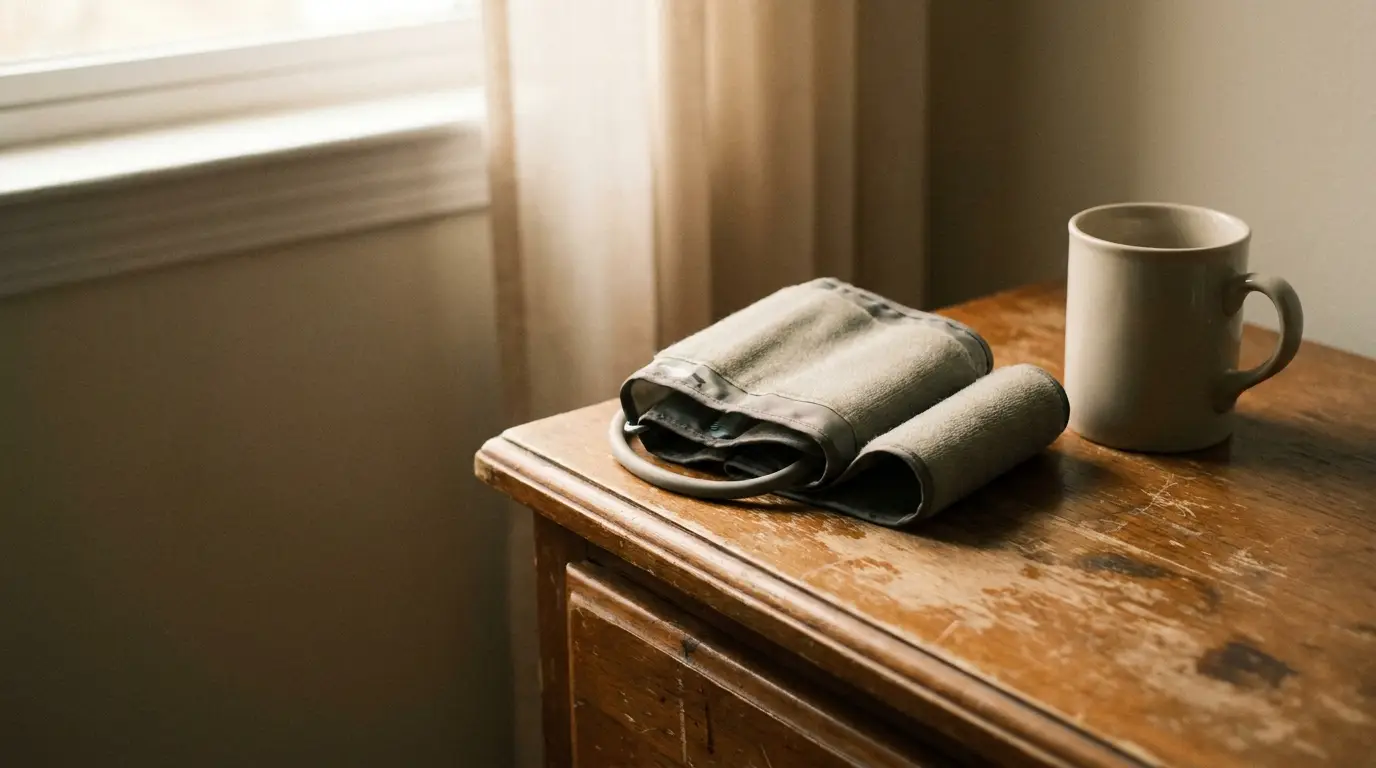 Blood pressure cuff and ceramic mug on a wooden table in softly lit room