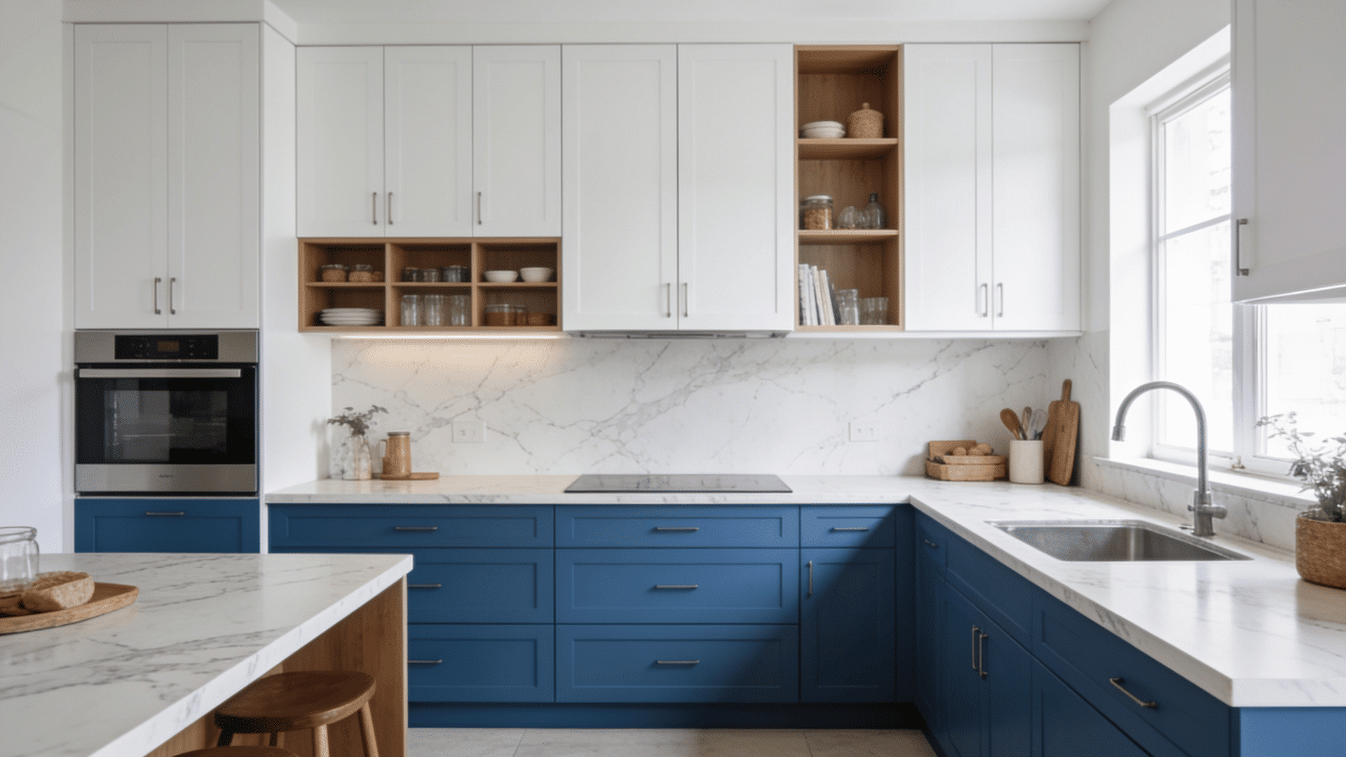 Modern kitchen with white upper cabinets and blue lower cabinets, featuring a clean two-tone design, wooden countertop island, and bright natural lighting.