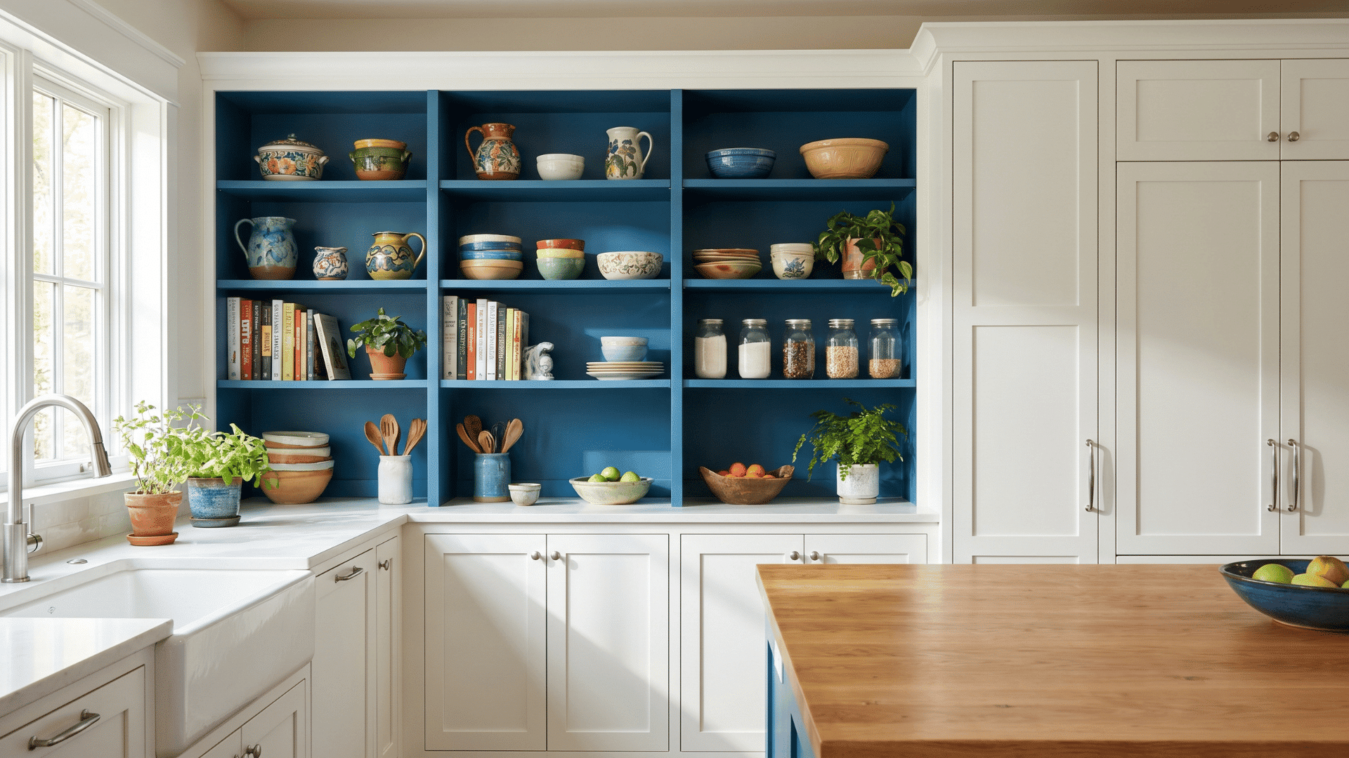 Blue open shelving in a white kitchen displaying colorful bowls, pitchers and potted plants, with a wooden countertop and large window for natural light.