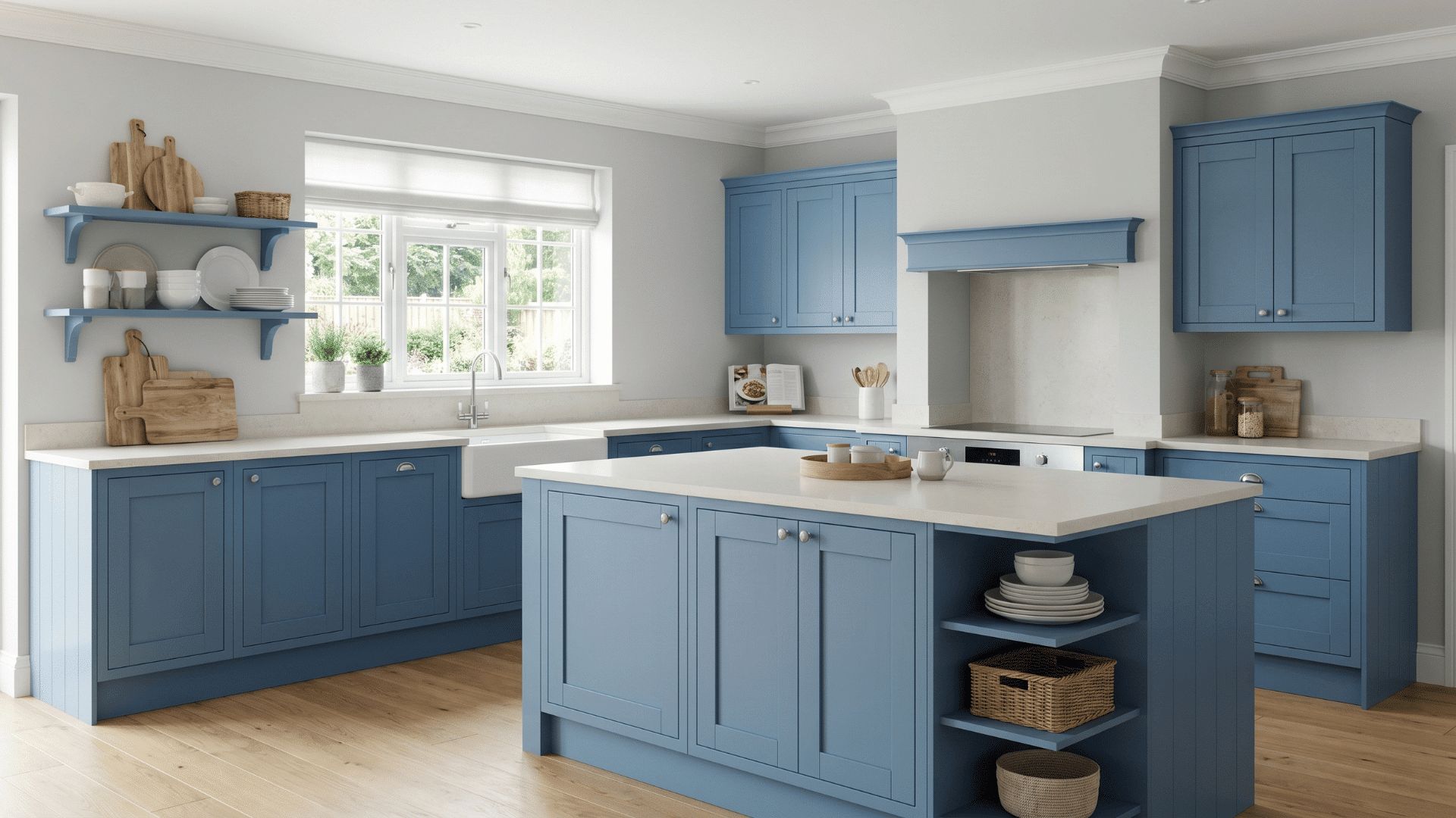 Blue two-tone kitchen cabinets with lighter lower and darker upper cabinets, a white countertop, kitchen island, shelving, and natural wood flooring in a bright modern kitchen.