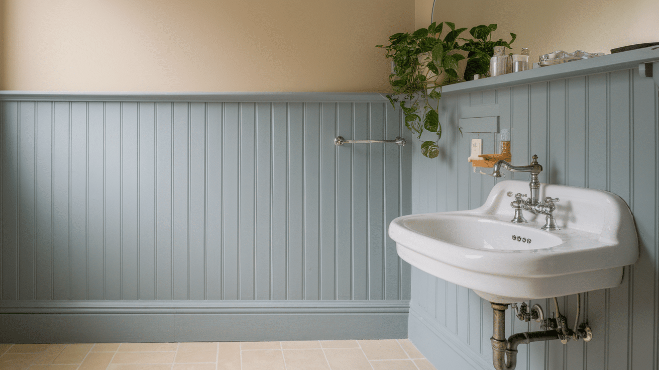 A light blue board and batten wainscoting wall behind a white porcelain pedestal sink with a small plant on top.