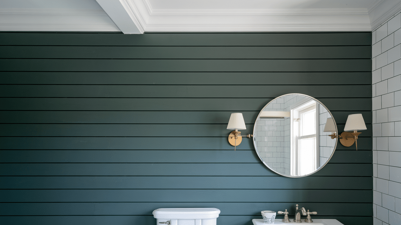 A modern bathroom highlighting a tall, crisp white board and batten feature wall behind a large round vanity mirror.