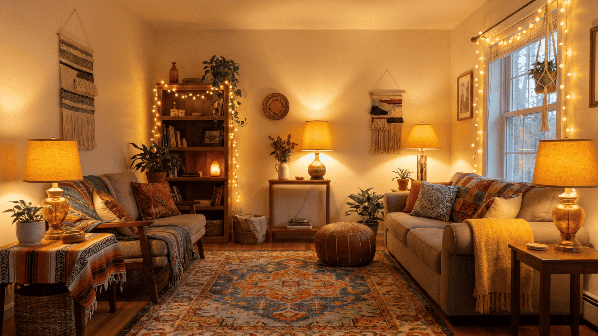 boho-living-room-lit-by-warm-toned-lamps-and-string-lights