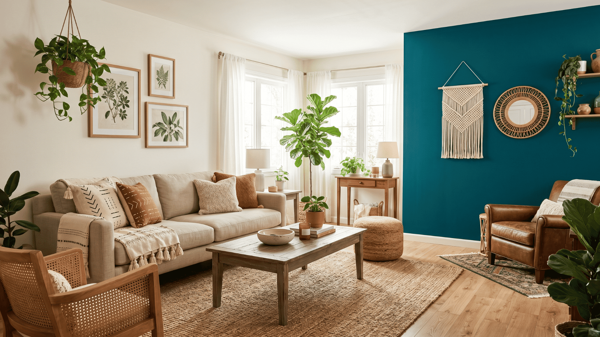 Boho living room with a bold-colored accent wall and neutral furniture around