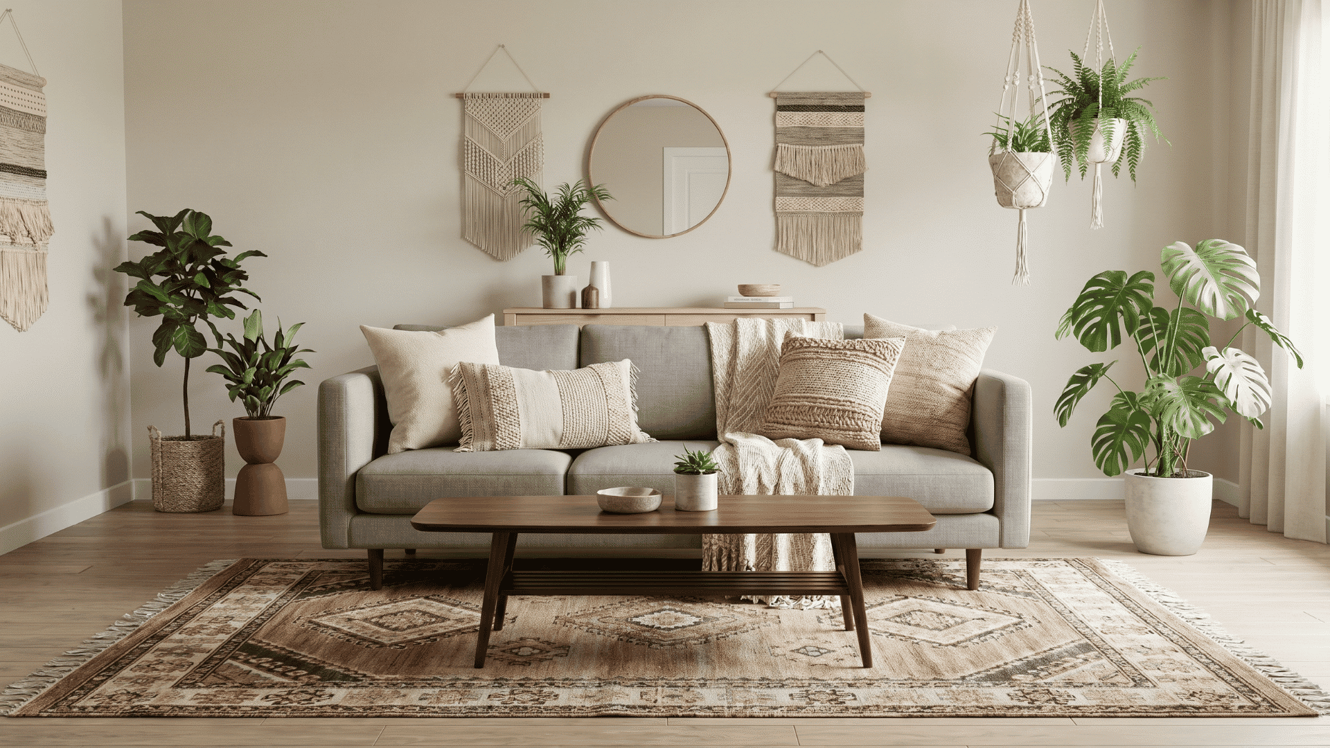 Boho living room with modern furniture combined with patterned rugs, pillows, and plants