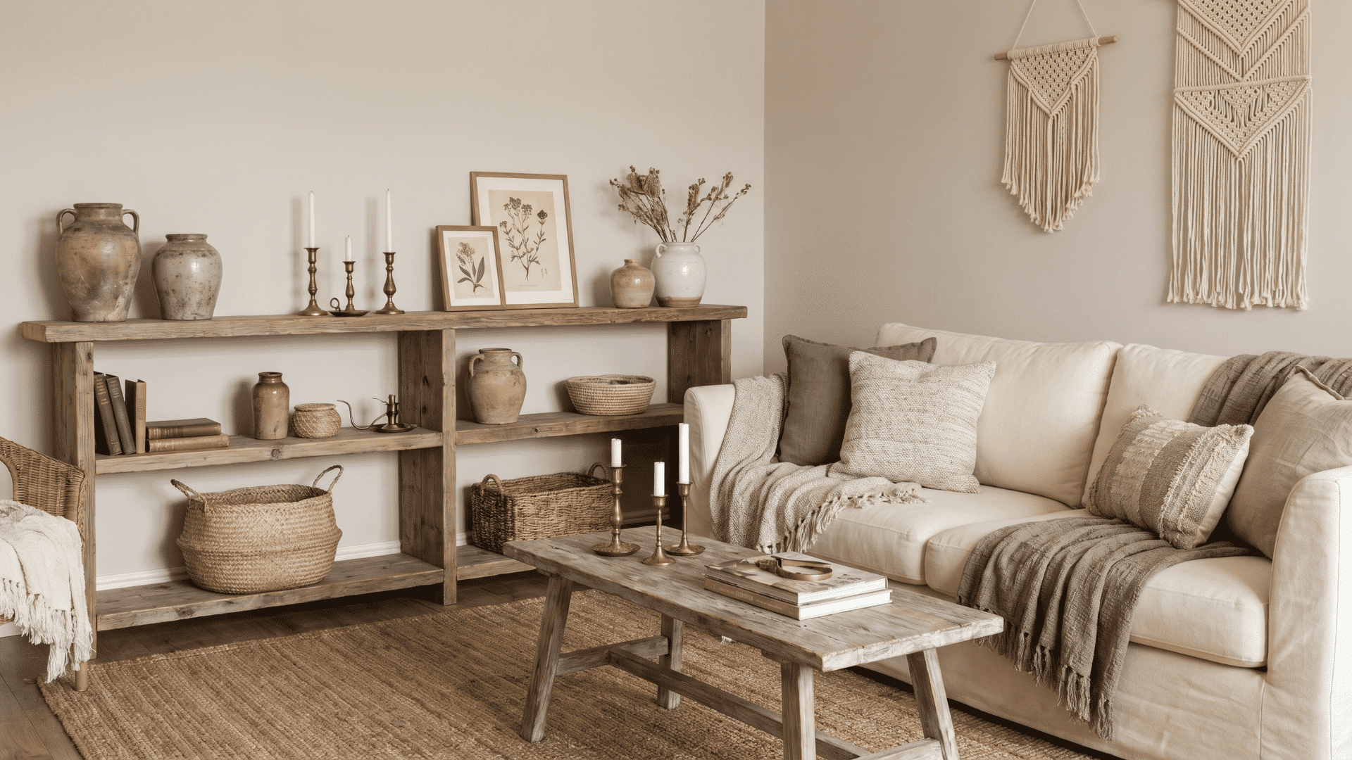 Boho living room with vintage and thrifted decor items on shelves and tables