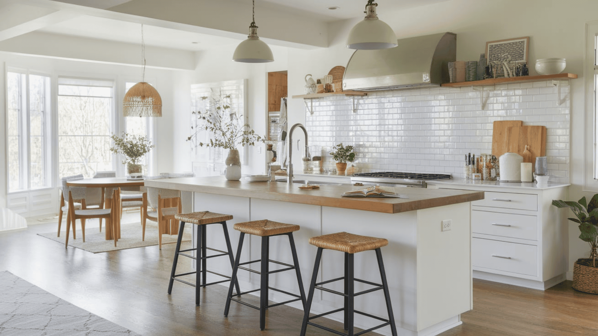 One-wall kitchen featuring a large white island with a light wood countertop and bar stools.