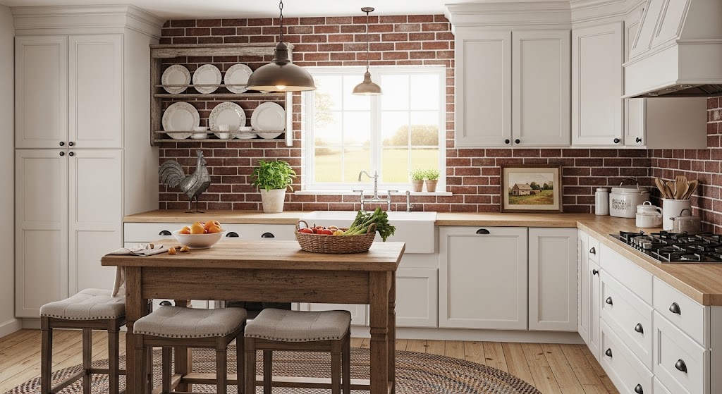 A cozy farmhouse kitchen with a warm, textured red brick veneer backsplash behind white cabinets.