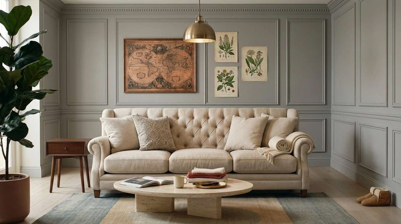Bridgewater sofa with soft rolled arms in cozy traditional living room with warm lighting.