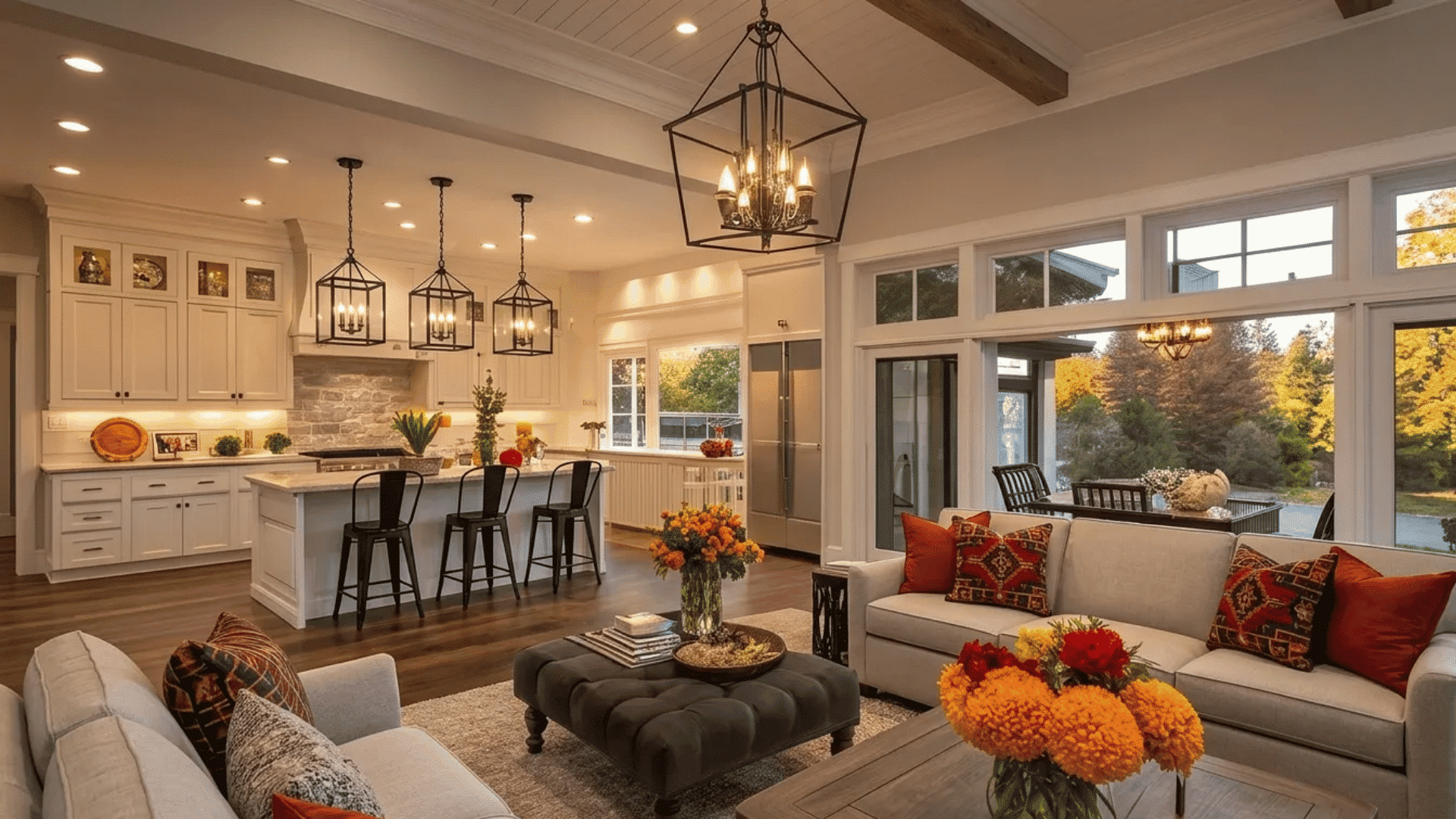 Bright open-concept keeping room with warm lighting, soft neutral seating, and a cozy lounge area flowing naturally into the kitchen.