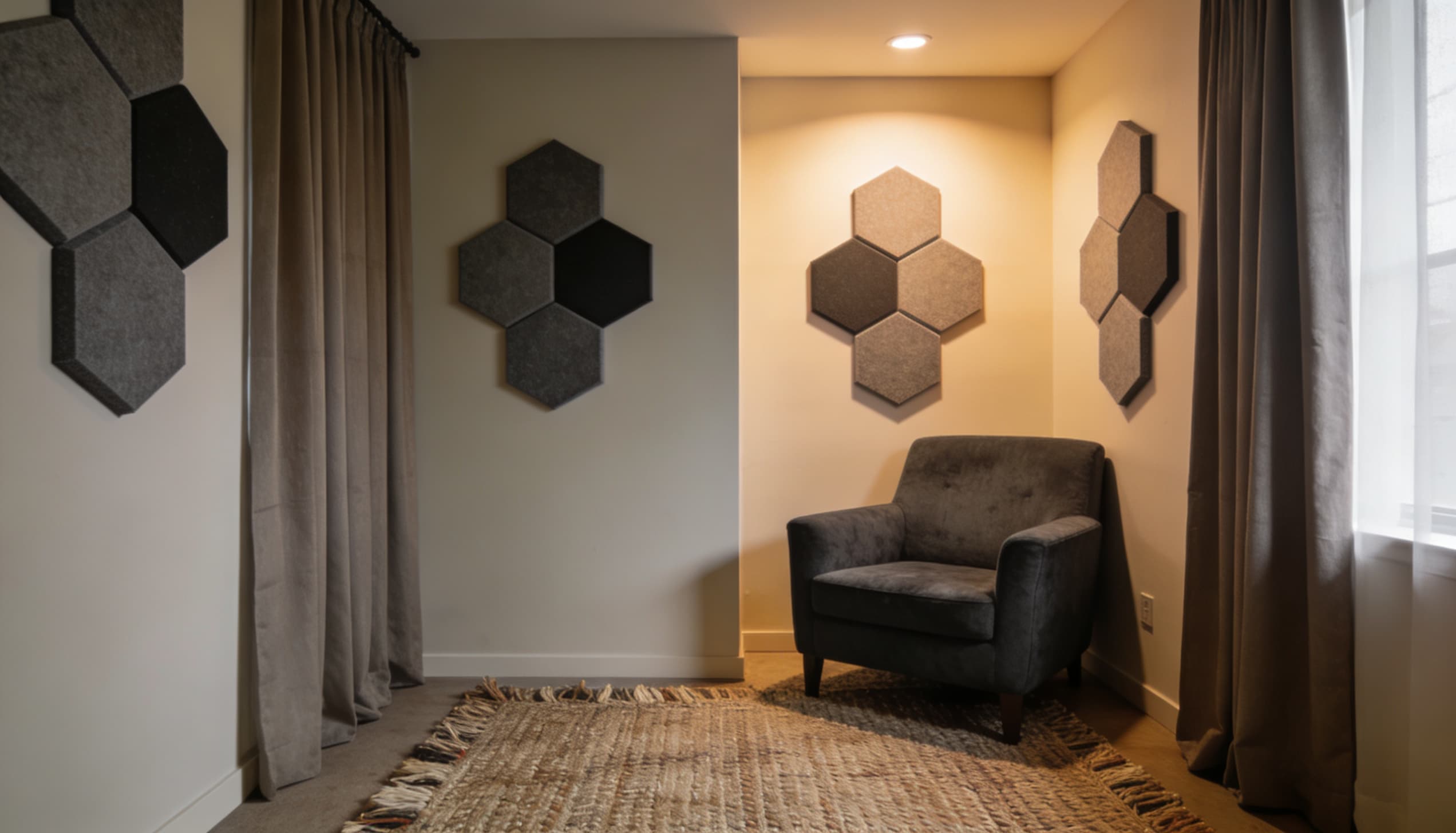 Modern meditation corner with accent chair, geometric wall panels, soft lighting, and neutral minimalist decor.
