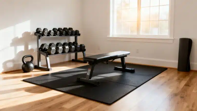Home gym with dumbbell rack, workout bench, and kettlebell in bright, sunlit room