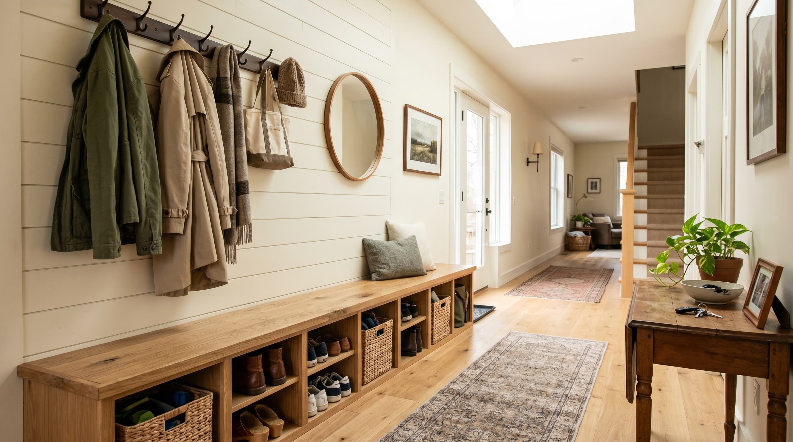 Functional hallway decor ideas with built-in bench seating, shoe storage cubbies, wall hooks, and natural wood finishes.