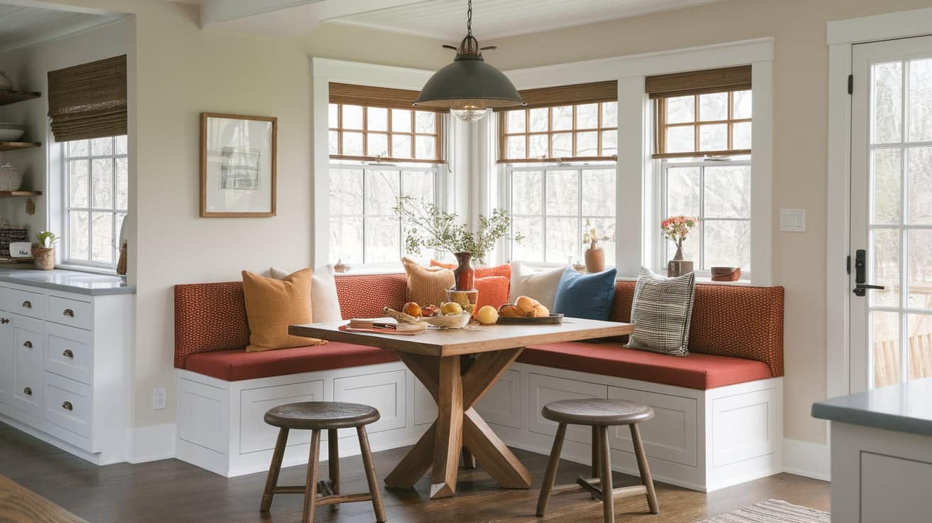Craftsman kitchen with a built-in corner breakfast banquette, a wooden table, and windows.