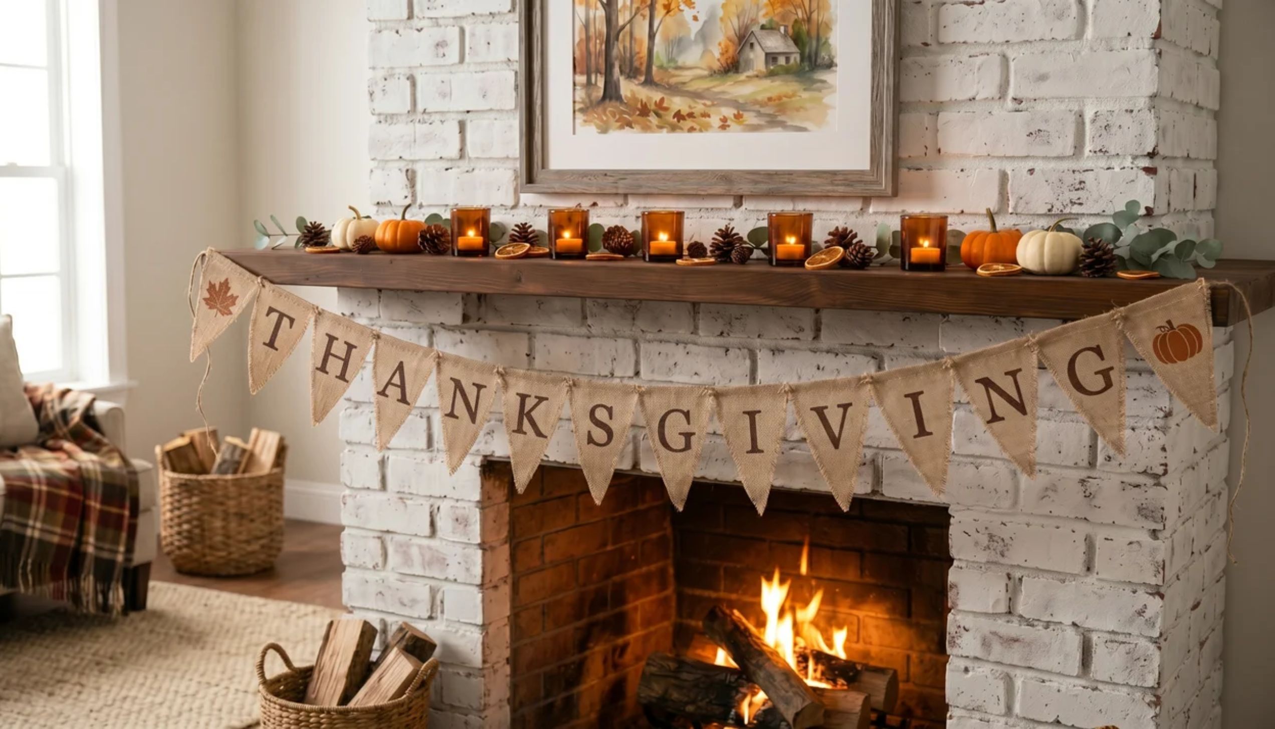 A burlap banner spelling Thanksgiving hangs on a fireplace mantle. One of many easy thanksgiving crafts.