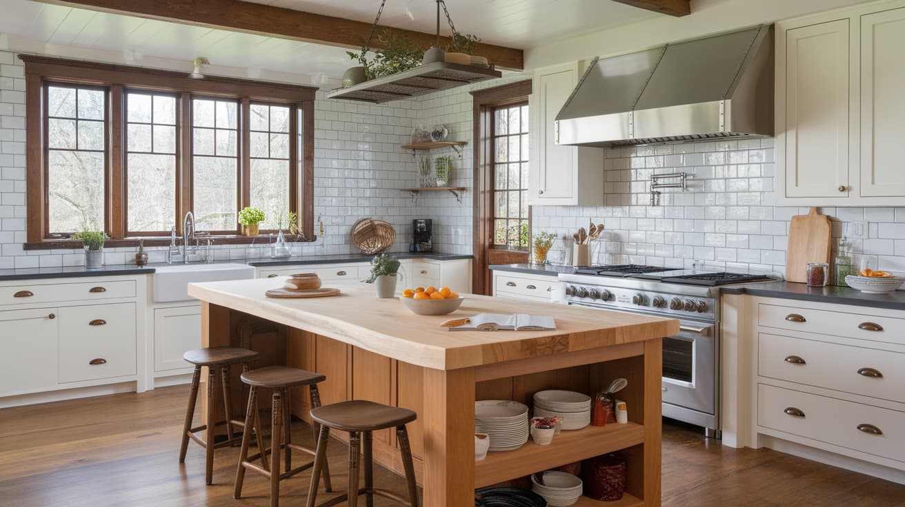 Craftsman kitchen with a central butcher block island, white perimeter cabinets, and wood-framed windows.