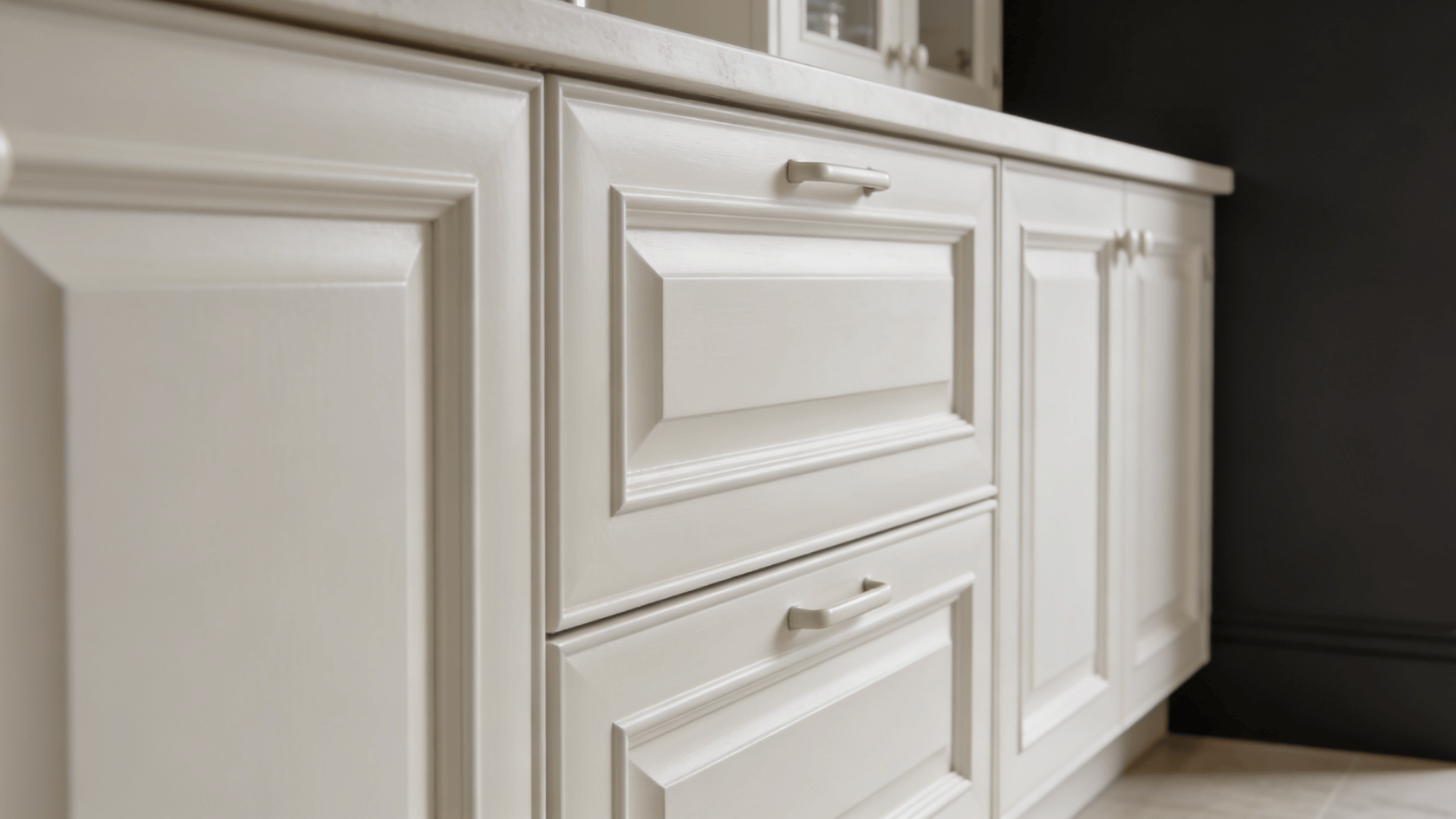 Kitchen cabinets painted Chantilly Lace showing clean, bright, and even finish