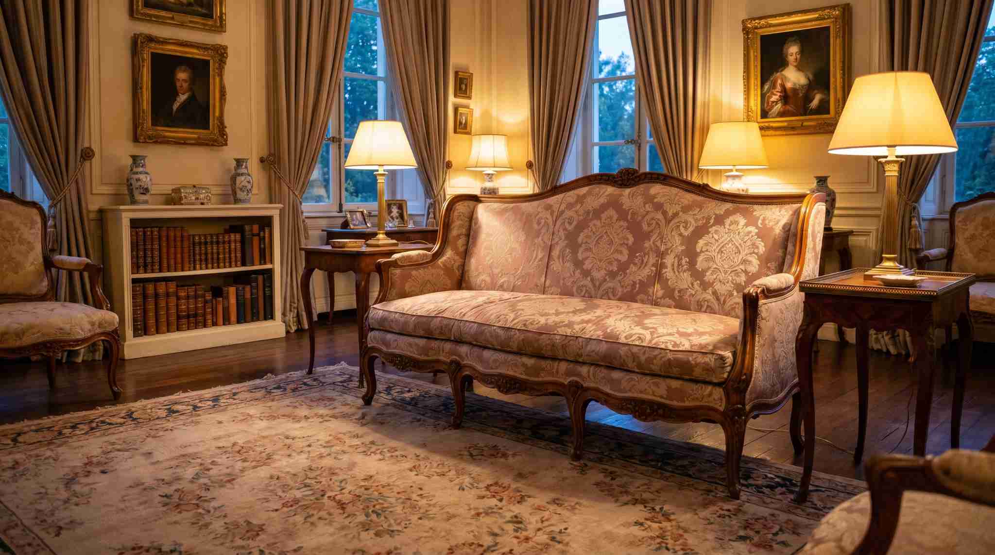 Cabriole sofa with curved wooden frame in elegant vintage-style living room.