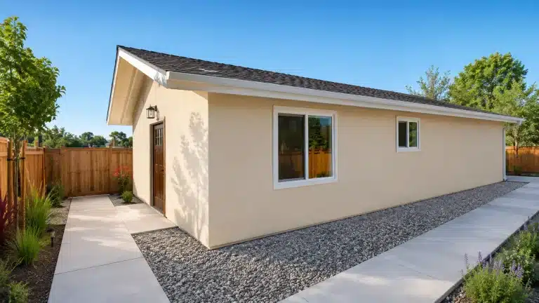 Beige stucco guesthouse with wooden door and gravel landscaping in sunny backyard setting