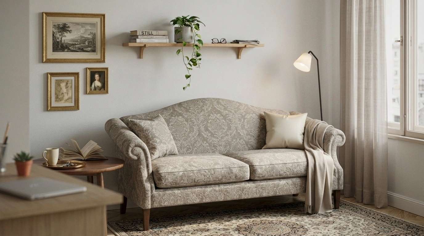 Camelback sofa with arched back in elegant traditional living room with classic decor.