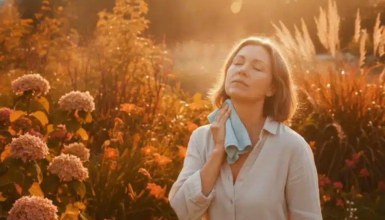 Woman with closed eyes holding a towel in a sunlit garden with blooming flowers