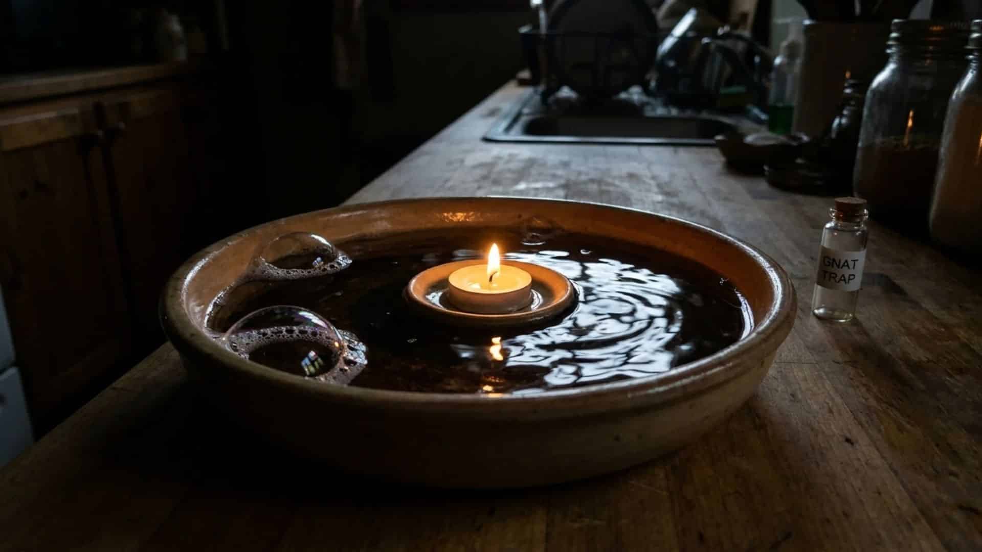 Candle floating in soapy water as a gnat trap on a wooden counter.