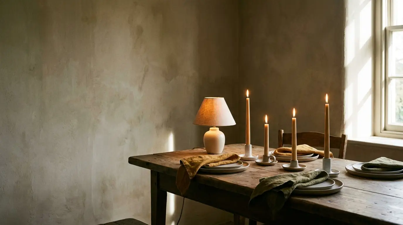 Dining table with candles and plates beside lamp in softly lit room
