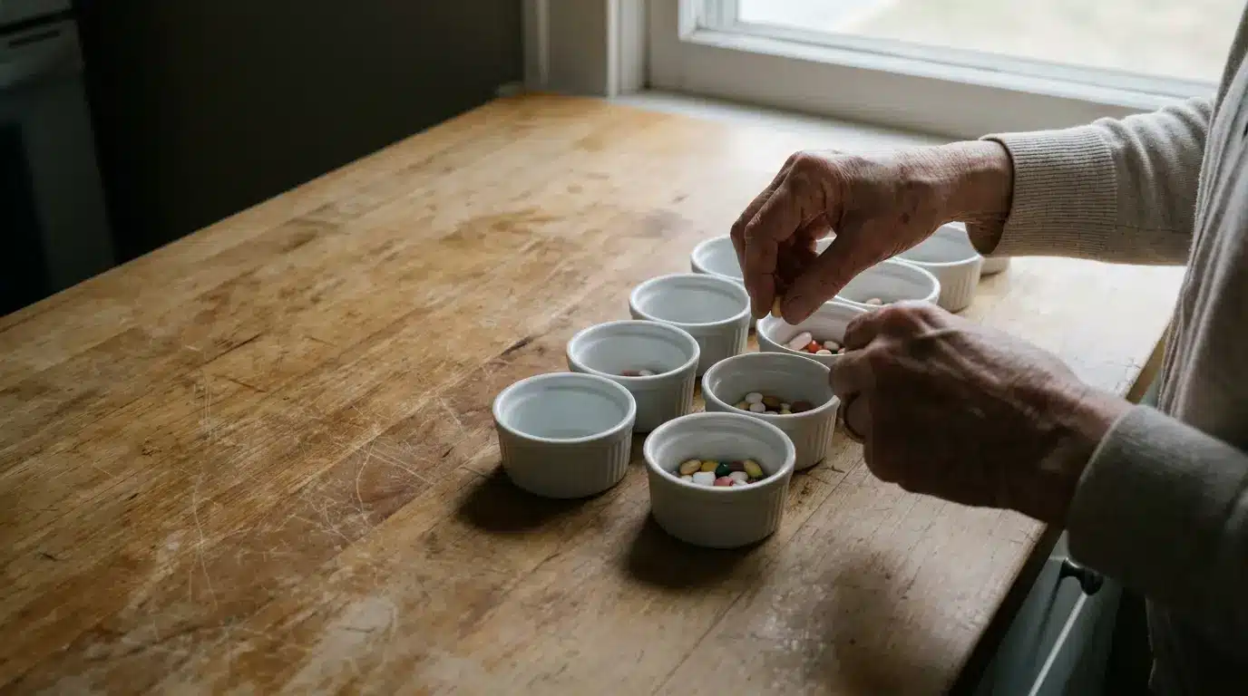 Hands arranging colorful pills in small white bowls on a wooden kitchen table