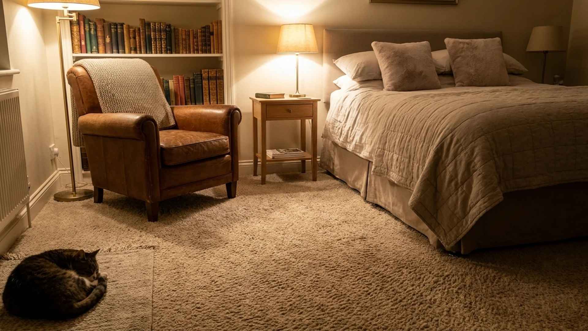 Soft, plush beige wall-to-wall carpeting providing comfort and noise reduction in a cozy residential bedroom.