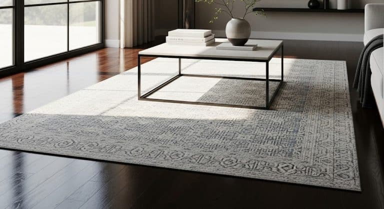 A large, light grey patterned area rug laid out under a modern square coffee table on dark hardwood floors in a living room.