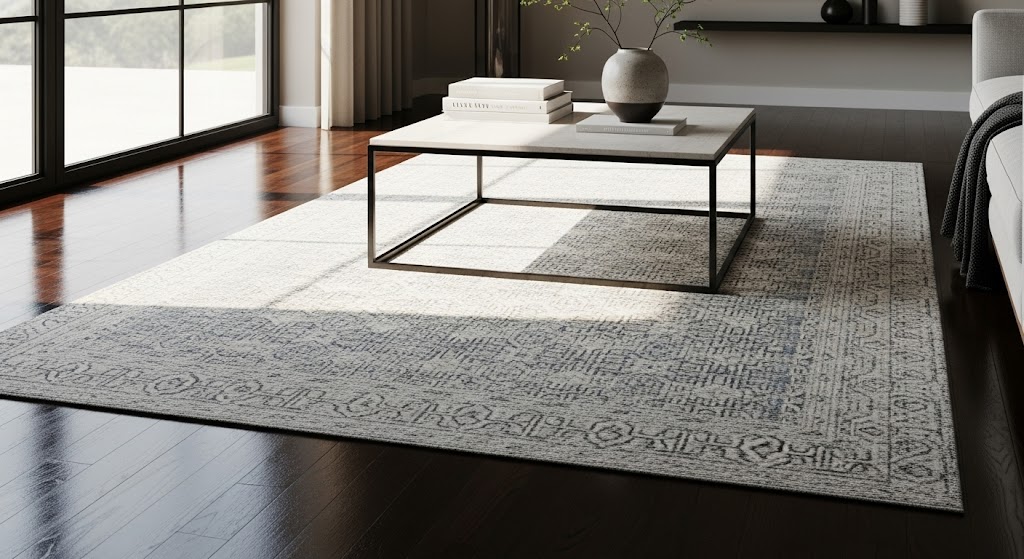 A large, light grey patterned area rug laid out under a modern square coffee table on dark hardwood floors in a living room.