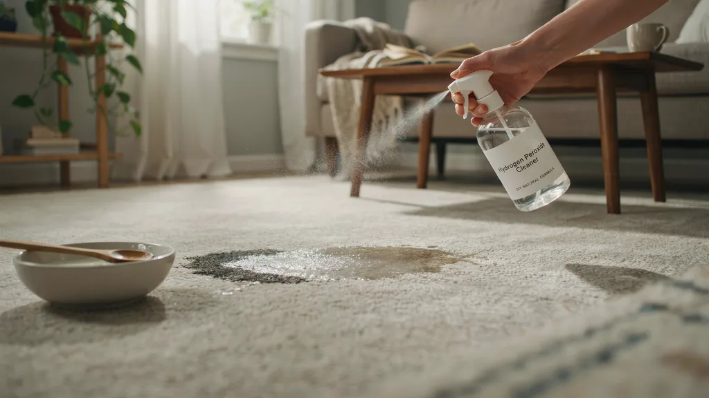 Hydrogen peroxide spray lifting carpet stain while blotting with white cloth.