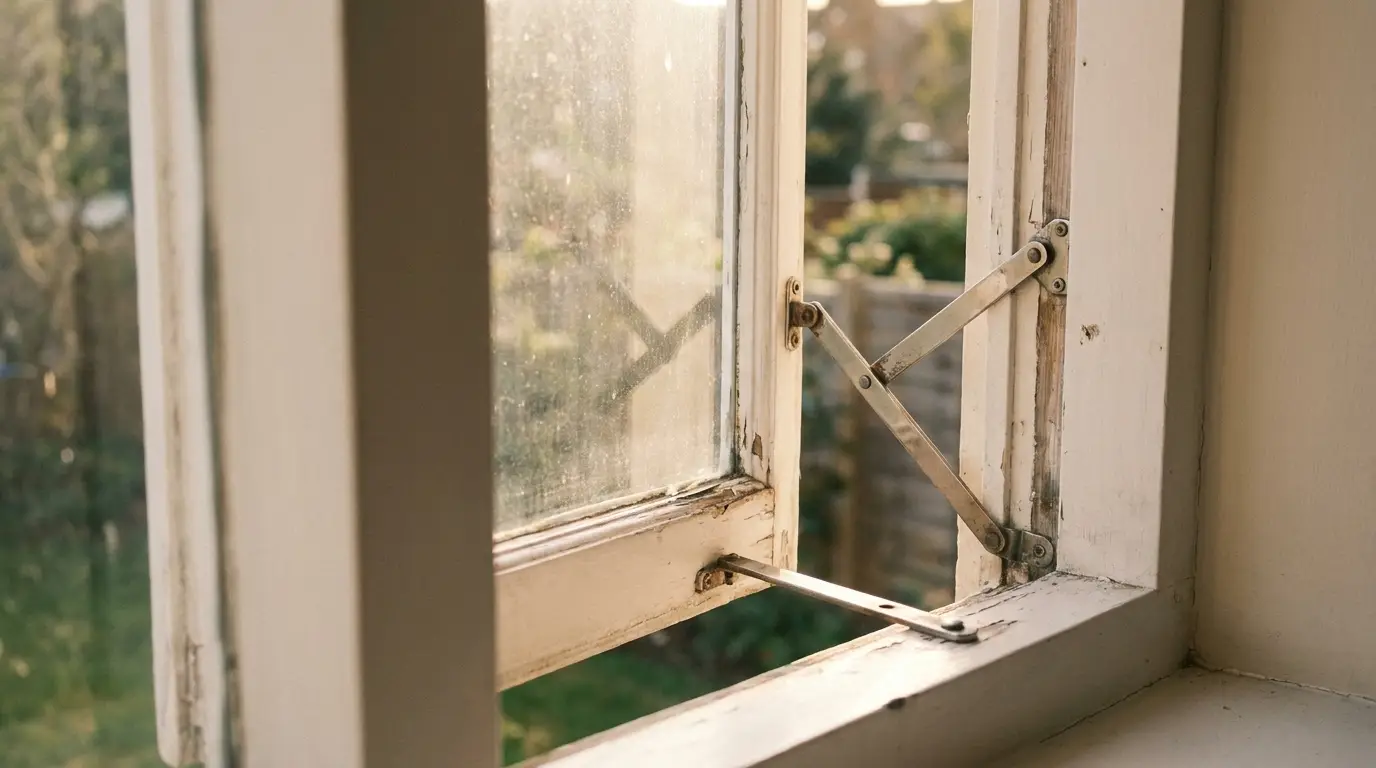Open window with metal hinges overlooking green garden in warm afternoon light