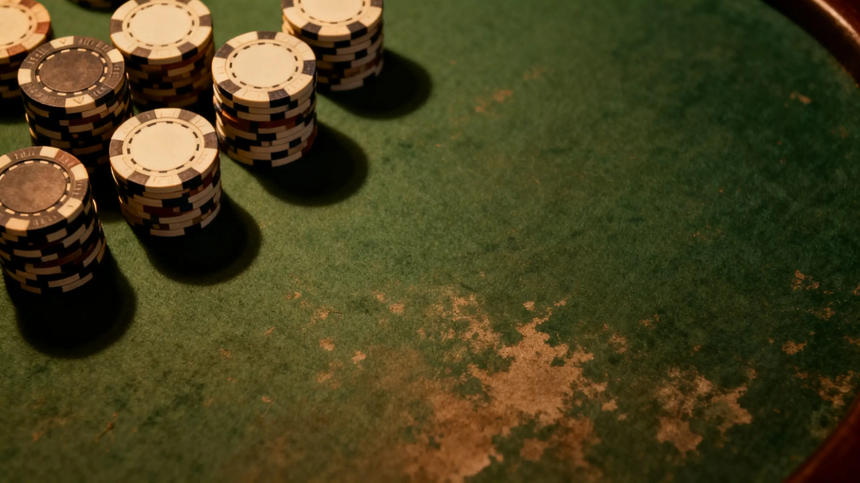 Poker chips stacked on a worn green felt table under warm lighting