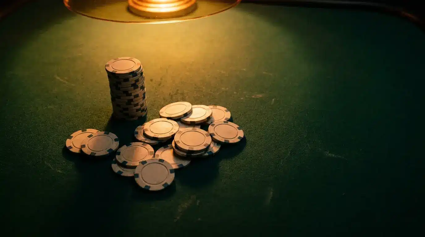 Poker chips stacked and scattered on a green felt table under warm lighting
