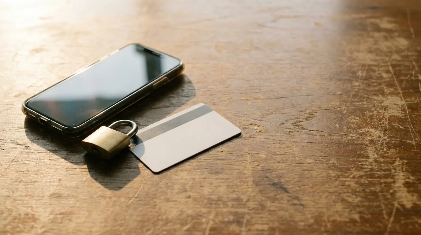 Smartphone, credit card, and brass padlock on wooden surface in warm light