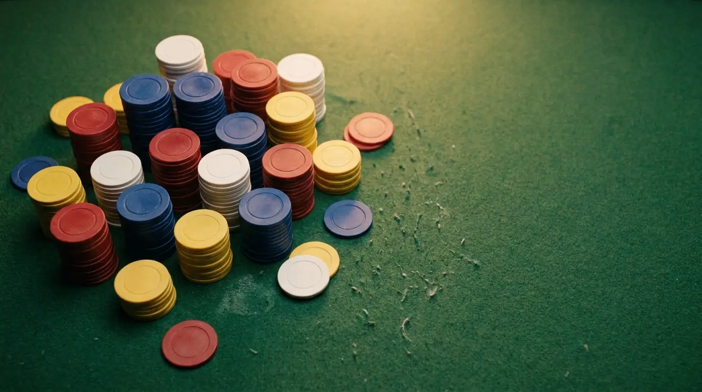 Stacks of colorful poker chips on green felt table under warm lighting