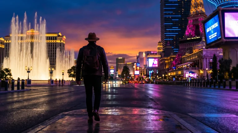 Person with backpack walking down Las Vegas Strip at sunset with city lights and fountain