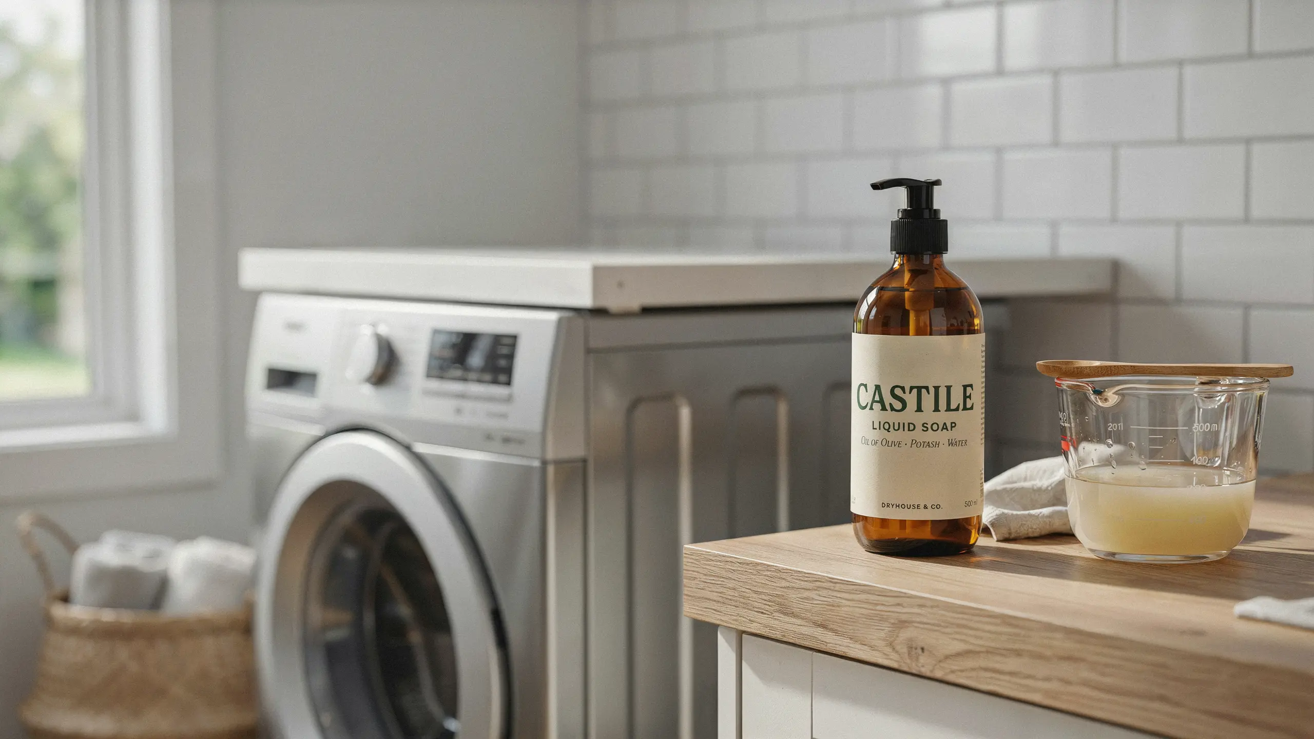 Castile soap mixed in water used as liquid laundry detergent for washing machine loads.