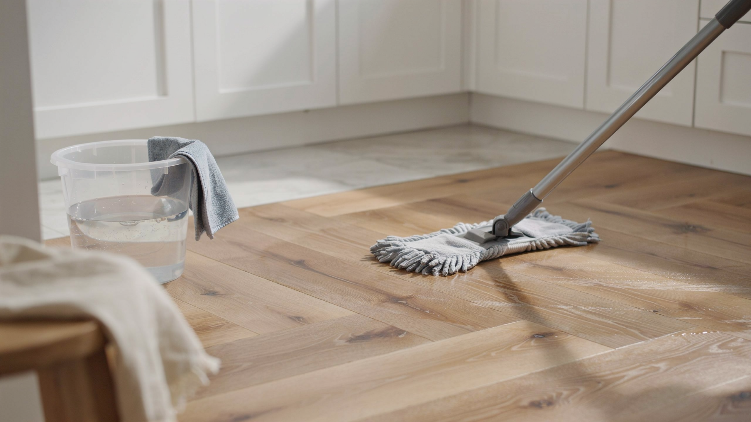 Light mop cleaning hardwood floors using diluted castile soap solution safely.