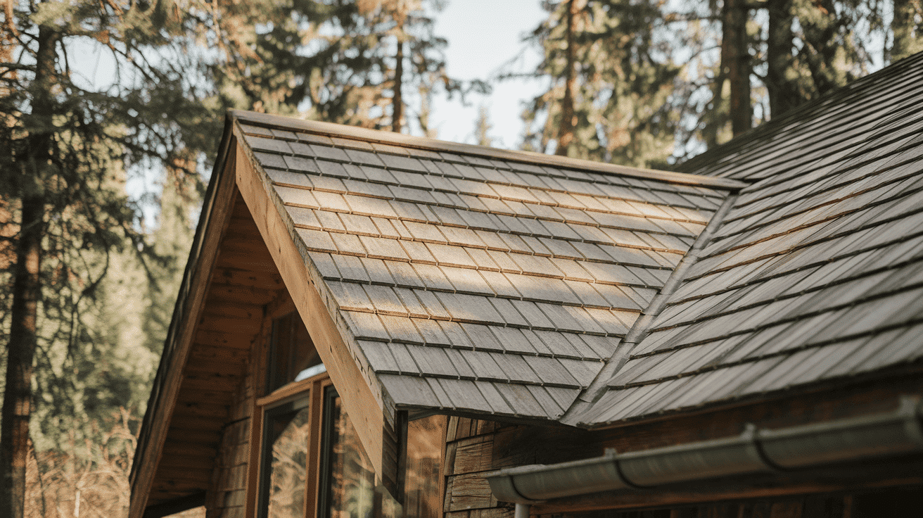 Weathered silver-gray natural wood cedar shakes providing a rustic, textured look on a residential roof surface.