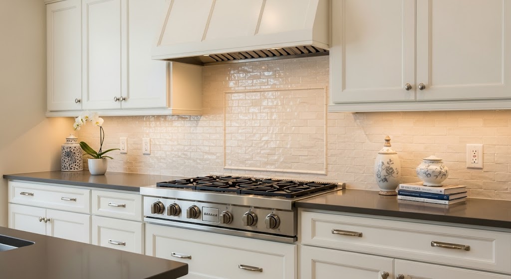 Traditional cream-colored ceramic tiles arranged in an elegant, woven basket weave pattern.