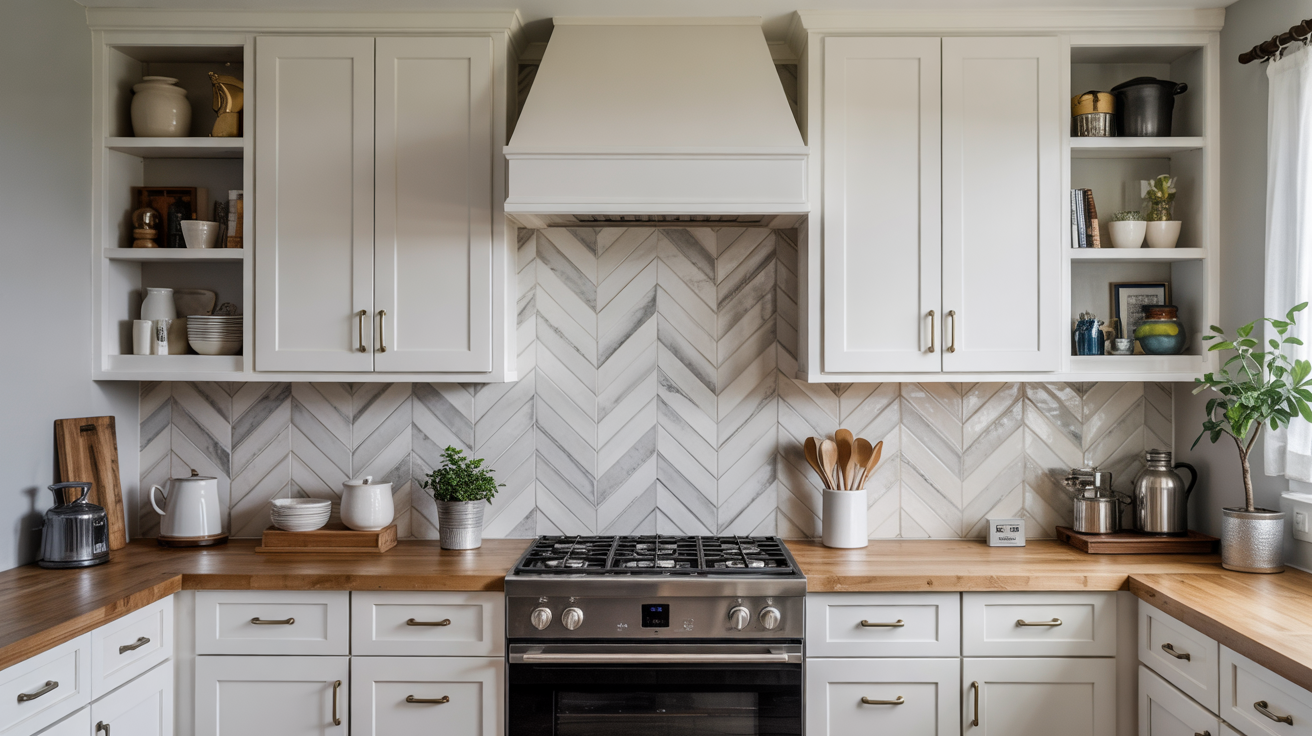 Sleek neutral ceramic tiles arranged in a dynamic, modern geometric chevron pattern.