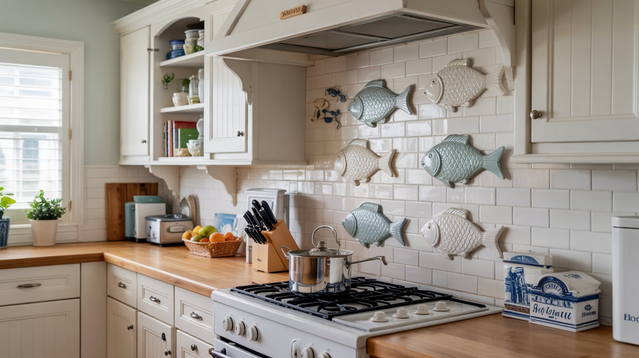 Whimsical, coastal-themed ceramic tiles shaped like small fish creating a playful backsplash pattern.