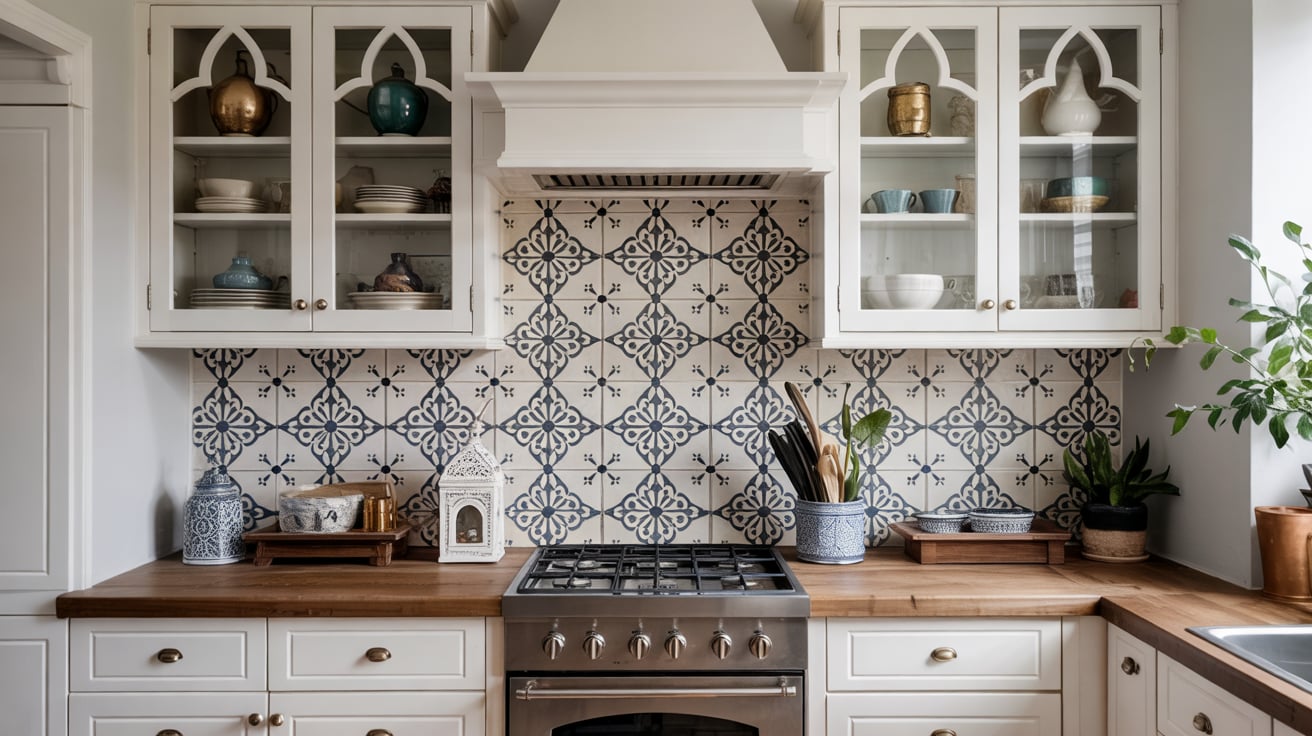 Intricate white ceramic lantern-shaped tiles creating a textured, geometric Moroccan style backsplash.