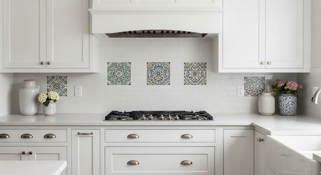 A decorative kitchen backsplash featuring an ornate, patterned ceramic medallion tile inset focal point.
